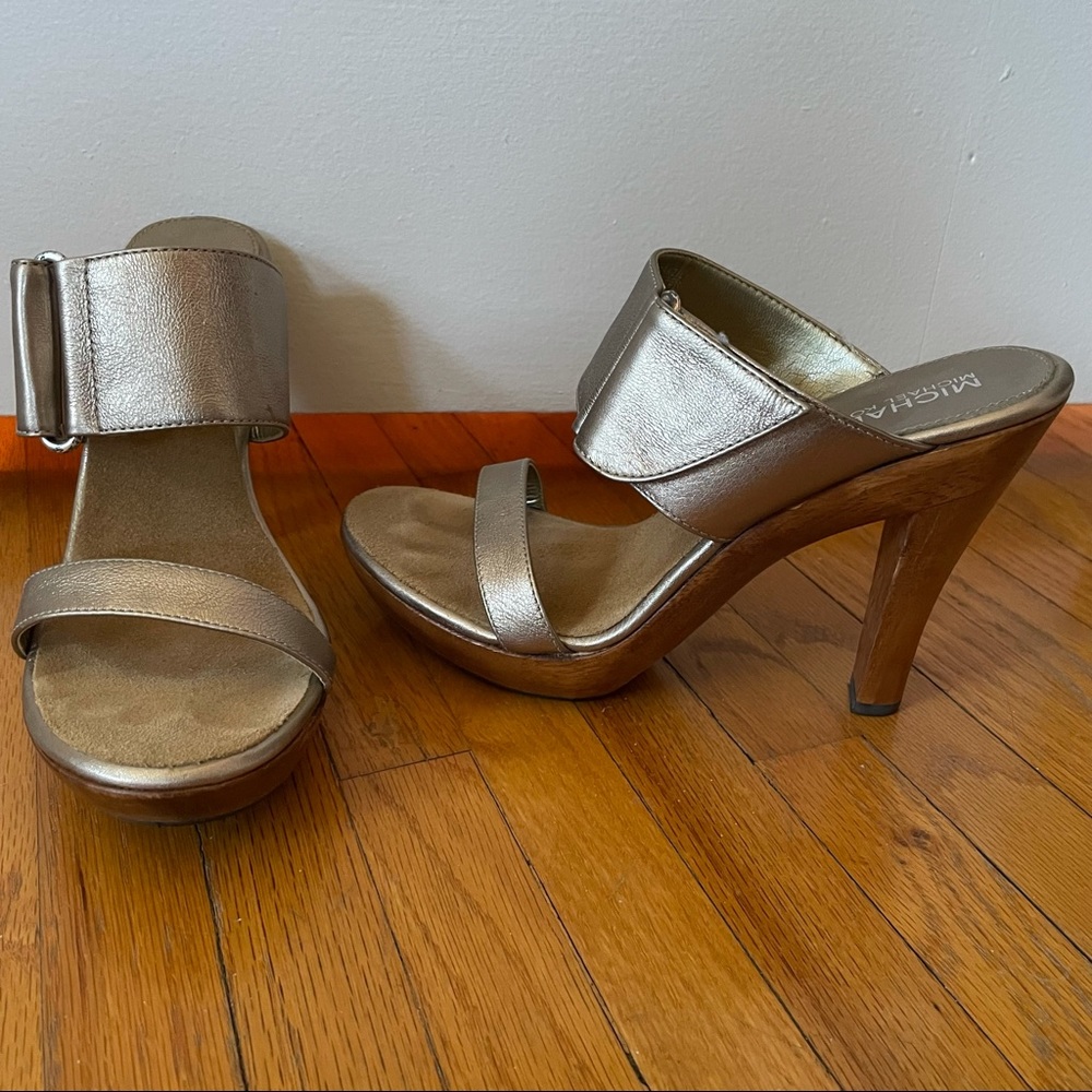 Michael Kors bronze metallic wood heels